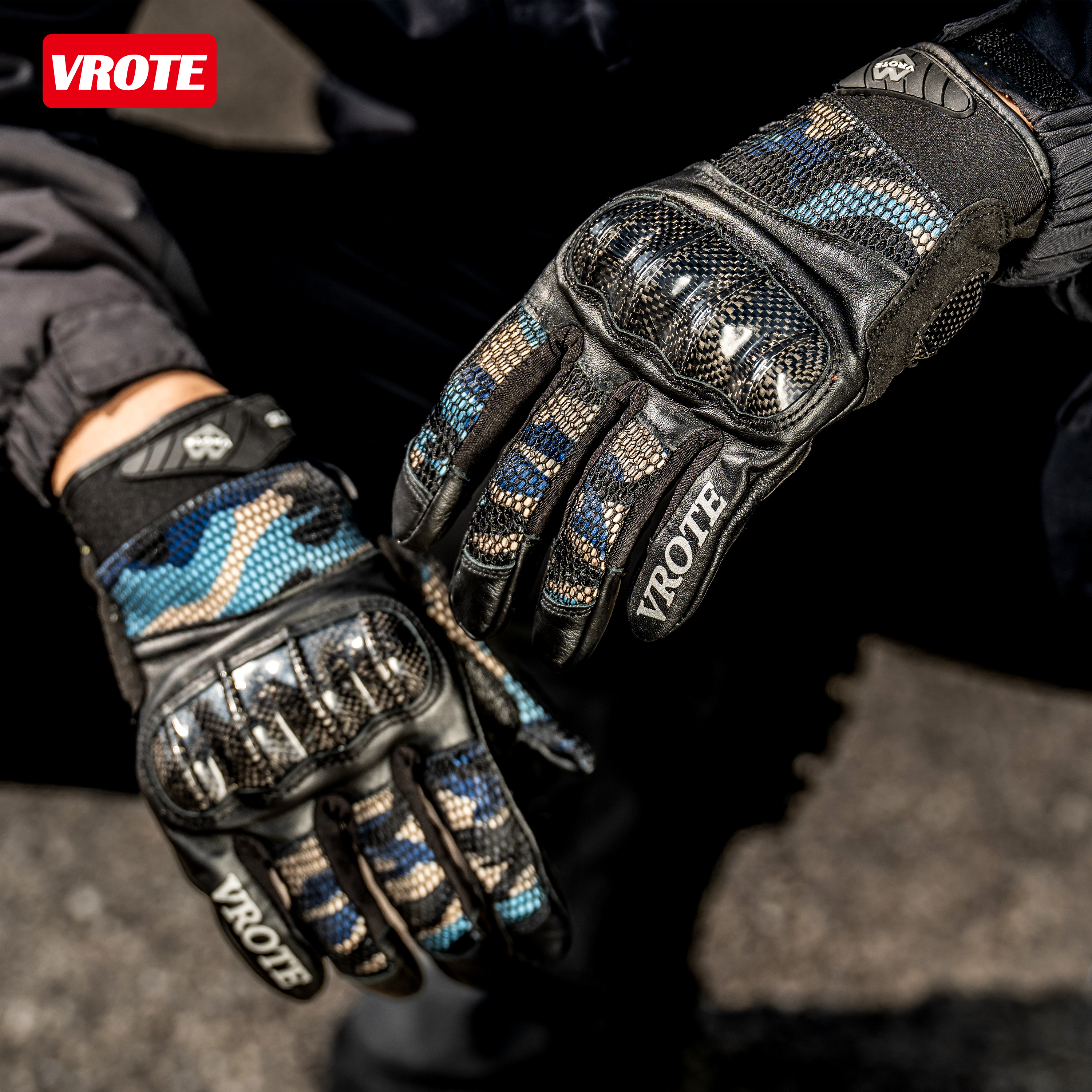 VROTE夏季摩托车手套男女触屏迷彩机车骑行手套防摔透气越野手套