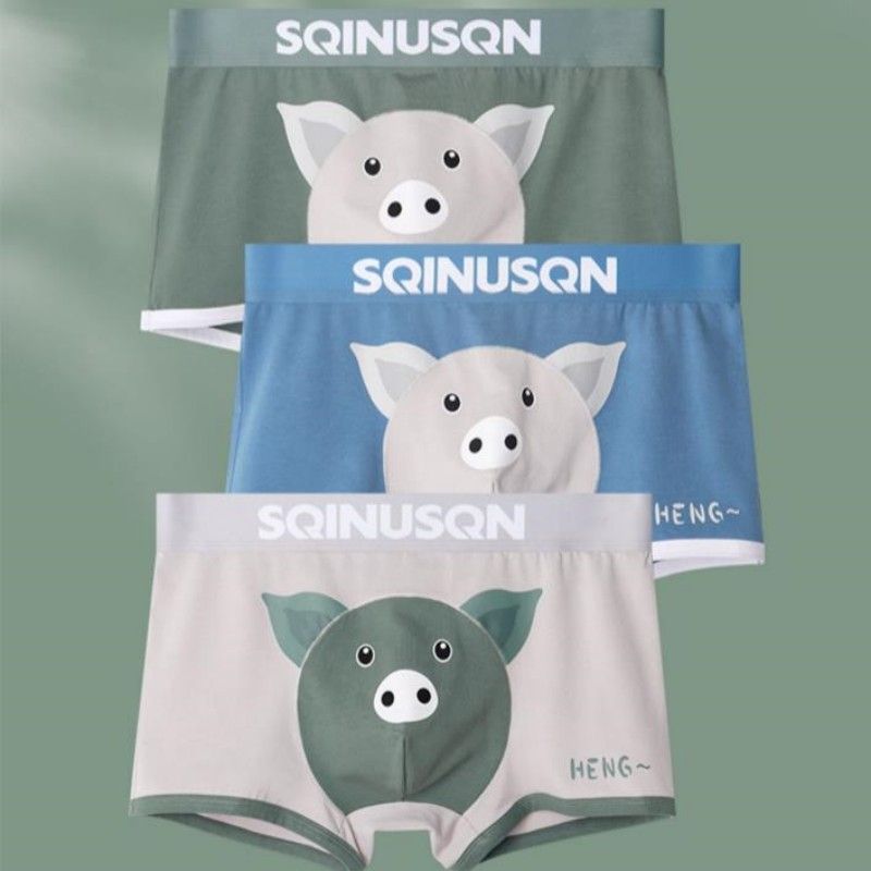 夏季新款卡通男士内裤平角裤猪猪男生四角裤舒适透气印花打底裤头