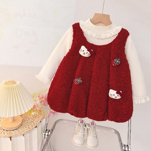 周岁女宝礼服1女童冬季 2婴儿红色kt猫背带裙公主裙 加绒连衣裙套装