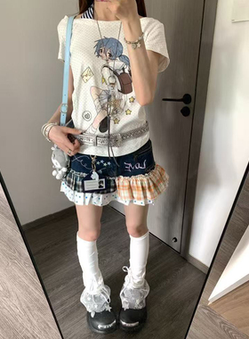 轻亚风撞色格纹花边拼接牛仔短裤裙y2k一字肩挂脖波点印花T恤套装