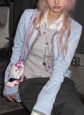 y2k亚比假两件拼接重工撞色钉珠外套女秋冬长袖针织开衫短款上衣