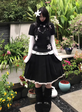 日系蕾丝花边拼接百褶纯色半身裙秋冬甜美少女休闲百搭A字中长裙