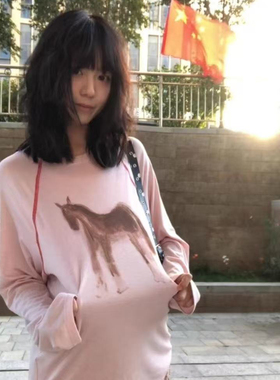 甜美日系手绘小马印花长袖T恤插肩袖宽松休闲松弛懒慵感单穿上衣
