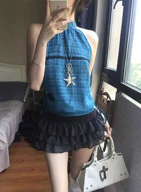 中古风短款波点挂脖背心女蕾丝拼接可调节无袖吊带修身古着感上衣