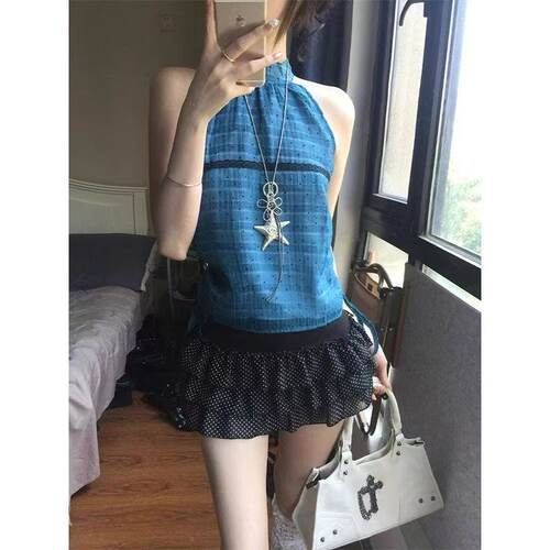 中古风波点挂脖背心古着感衣服夏