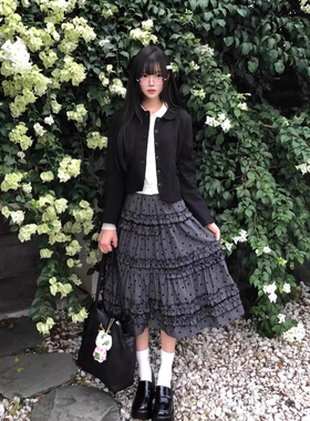 古早日杂风灰色波点复古重工裙伞裙秋冬木耳花边拼接半身裙中长裙