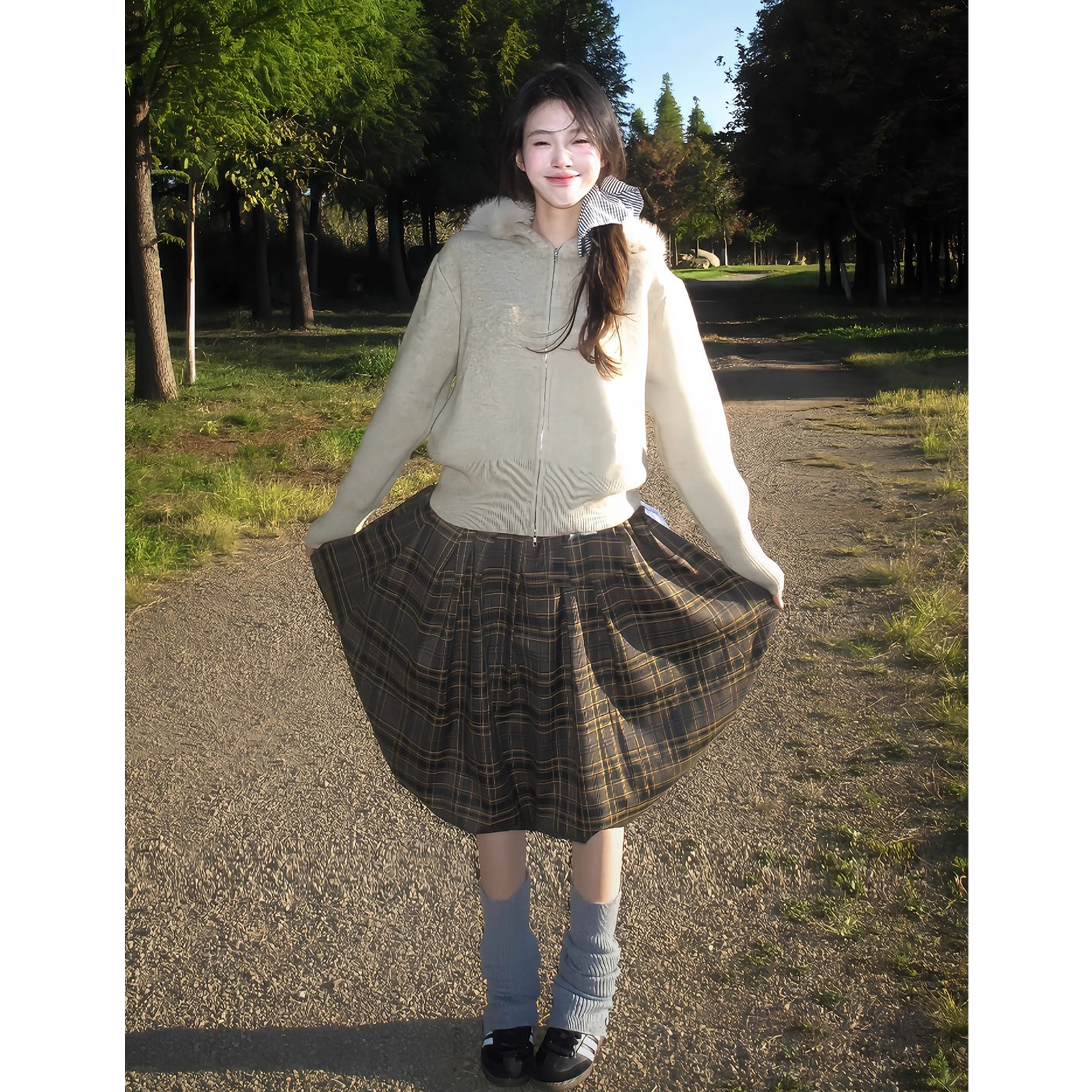 法式复古棕色格纹半身裙女a字裙