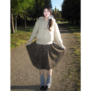 法式 a字花苞裙高腰显瘦裙子 复古棕色格纹半身裙女秋冬百褶中长款