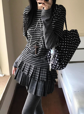 y2k亚比烫钻条纹假两件长袖t恤女+双层拼接百褶裙格纹a字短裙套装