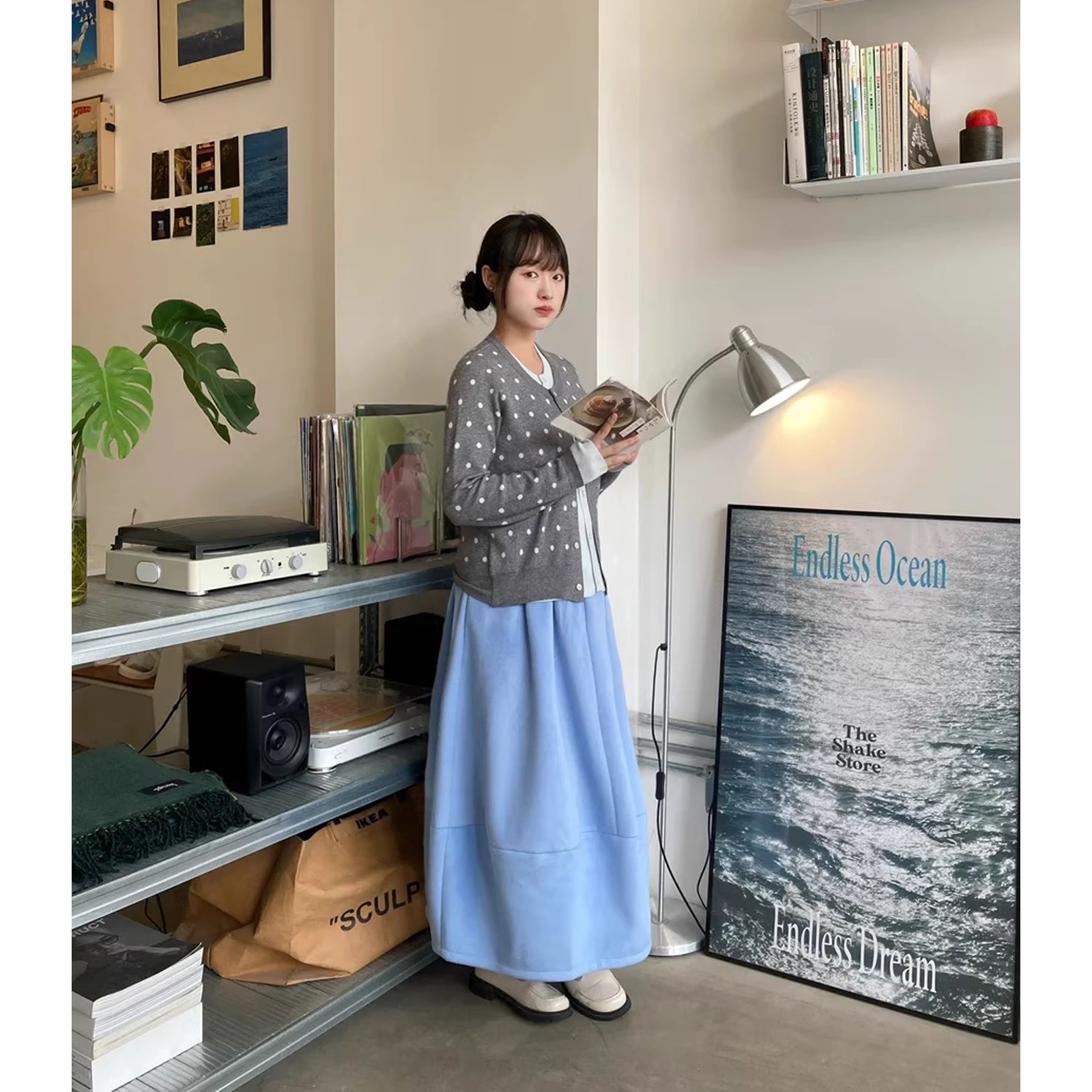 波点针织开衫外套蓬蓬花苞半身裙