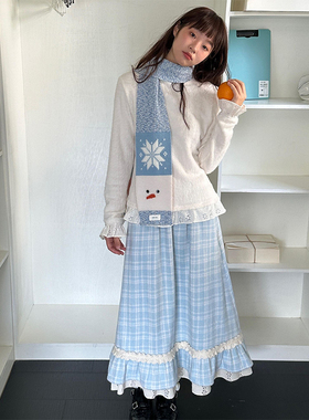 日系甜美格子蓝色毛呢半身裙秋冬女春学院风中长款花边高腰a字裙