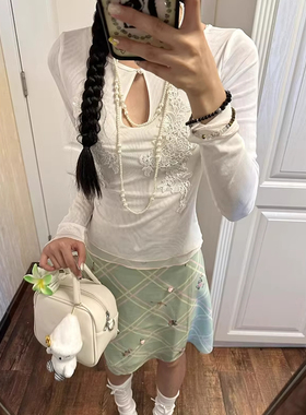 中古风立体蕾丝网纱长袖t恤女辣妹短款修身收腰打底显上衣瘦衬衣