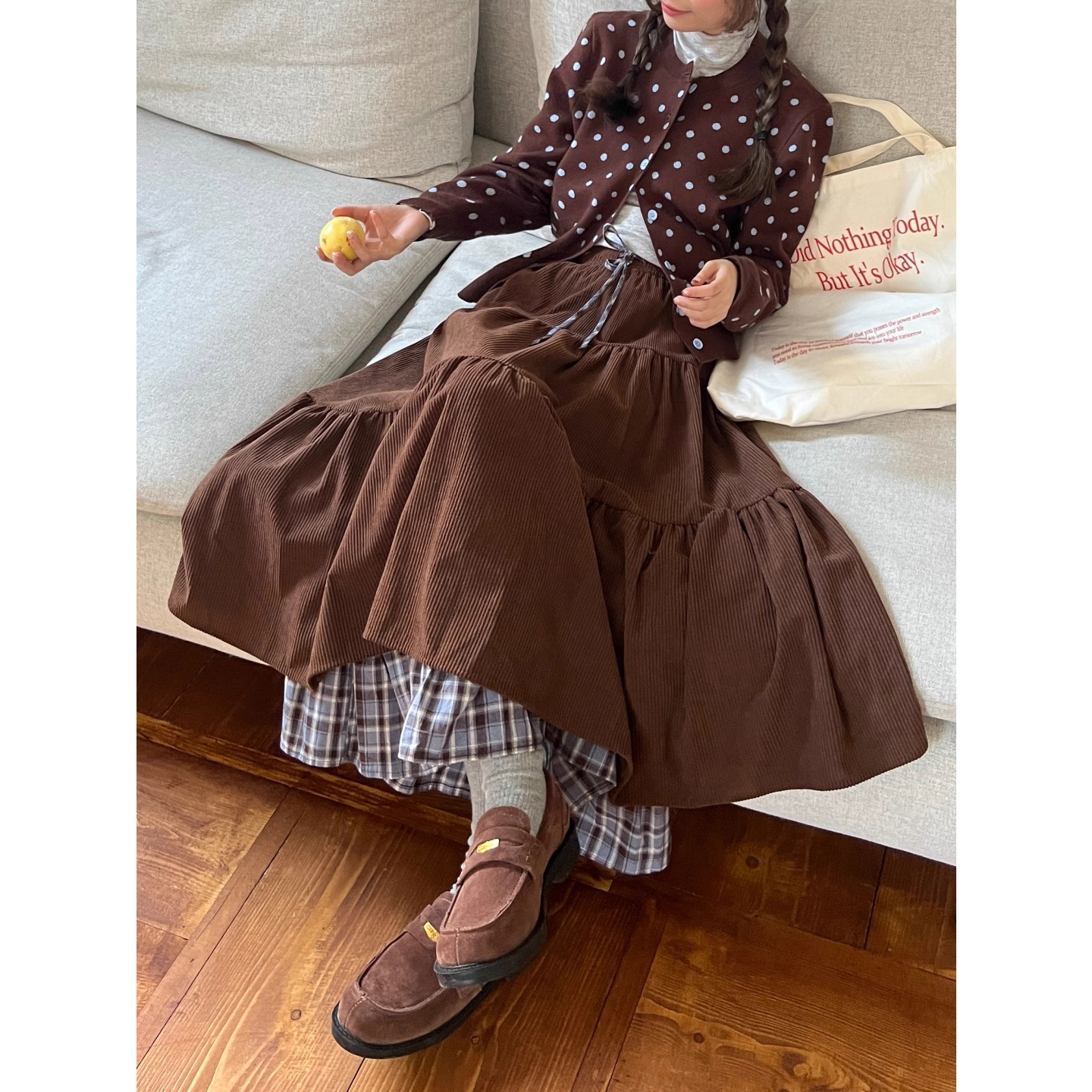 日系拼接格纹灯芯绒a字半身裙