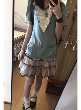 古着感撞色拼接V领荷叶边蕾丝褶皱短袖连衣裙修身显瘦a字蓬蓬短裙