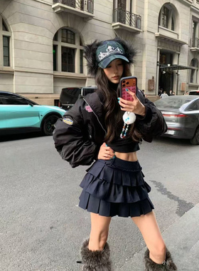 藏青色甜心褶皱边高腰层层蛋糕裙女秋季美式辣妹百褶半身裙短裙子