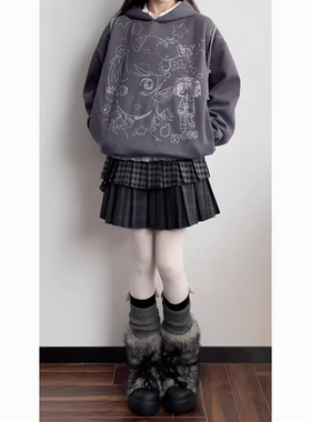 日系y2k灰色格纹半身裙女秋冬亚文化拼接双层百褶裙格子裙a字短裙