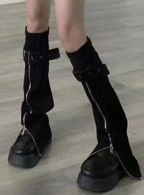 黑色辣妹喇叭袜套女款夏天y2k显瘦设计感拉链堆堆袜靴套牛仔腿套