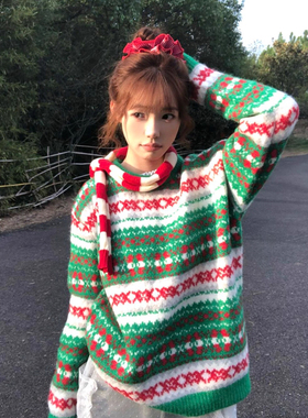 圣诞氛围感穿搭绿色圆领针织衫女冬季费尔岛毛衣宽松加厚保暖上衣