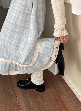 2025森系蓝色a字毛呢半身裙长款女春季松紧高腰百搭显瘦格子伞裙