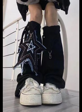 黑色星星辣妹牛仔腿套女夏y2k个性千禧风堆堆袜套中筒微喇裤管套