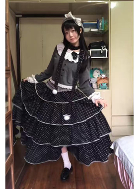 日系古早味黑色蓬蓬裙复古拼接中长款波点蛋糕裙松紧a字半身裙女