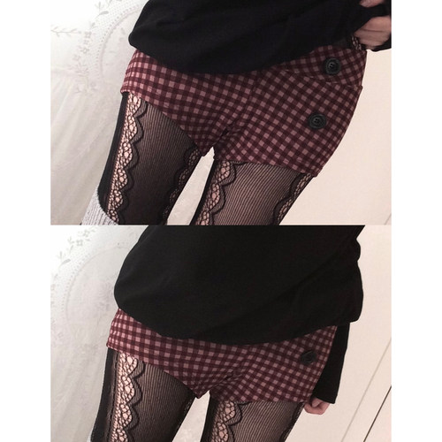 古早日杂系纽扣格纹低腰短裤女秋