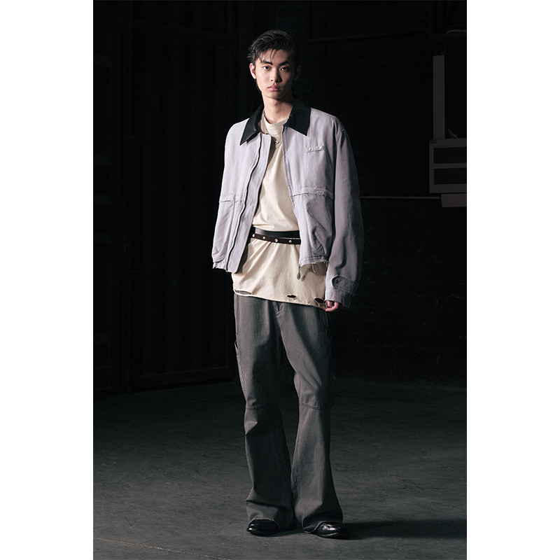 GOODBAI 916 撞色翻领磨毛拼接毛边拉链外套