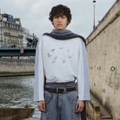 白鸽环绕印花撞色拼接圆领长袖 GOODBAI 916 T恤