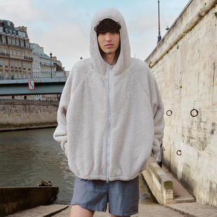 GOODBAI logo贴布摇粒绒连帽拉链插肩oversize外套 916