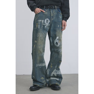slogan做旧印花水洗直筒牛仔裤 GOODBAI 916
