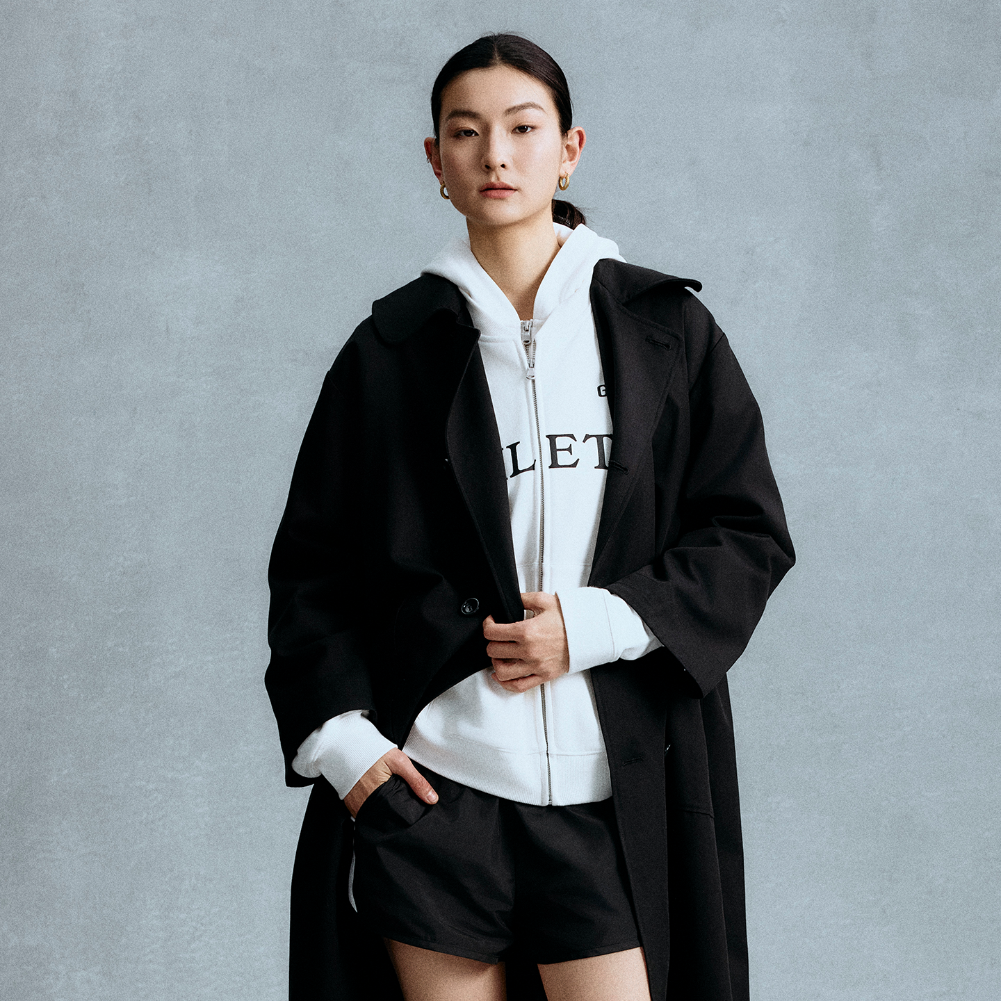 GOODBAI 粗体logo贴布绣翻领双排扣oversize长款风衣