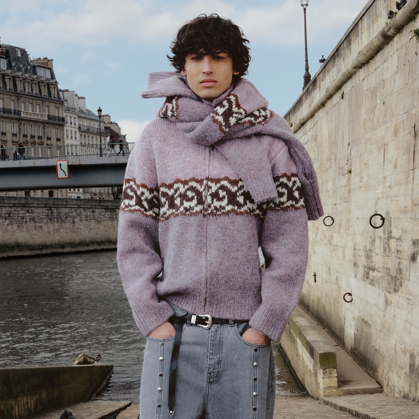 GOODBAI 916 logo提花撞色花纹翻领拉链毛织外套