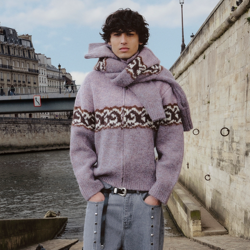 GOODBAI 916 logo提花撞色花纹翻领拉链毛织外套