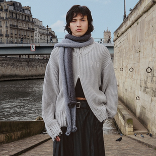 GOODBAI logo贴布小高领做旧破坏拉链针织外套 916