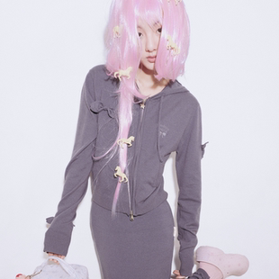 GOODBAI GOODEES 新款趣味猫耳帽蝴蝶结拉链针织衫外套上衣