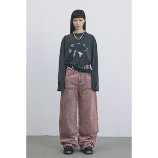 套色牛仔膝盖补强直筒裤 GOODBAI 916