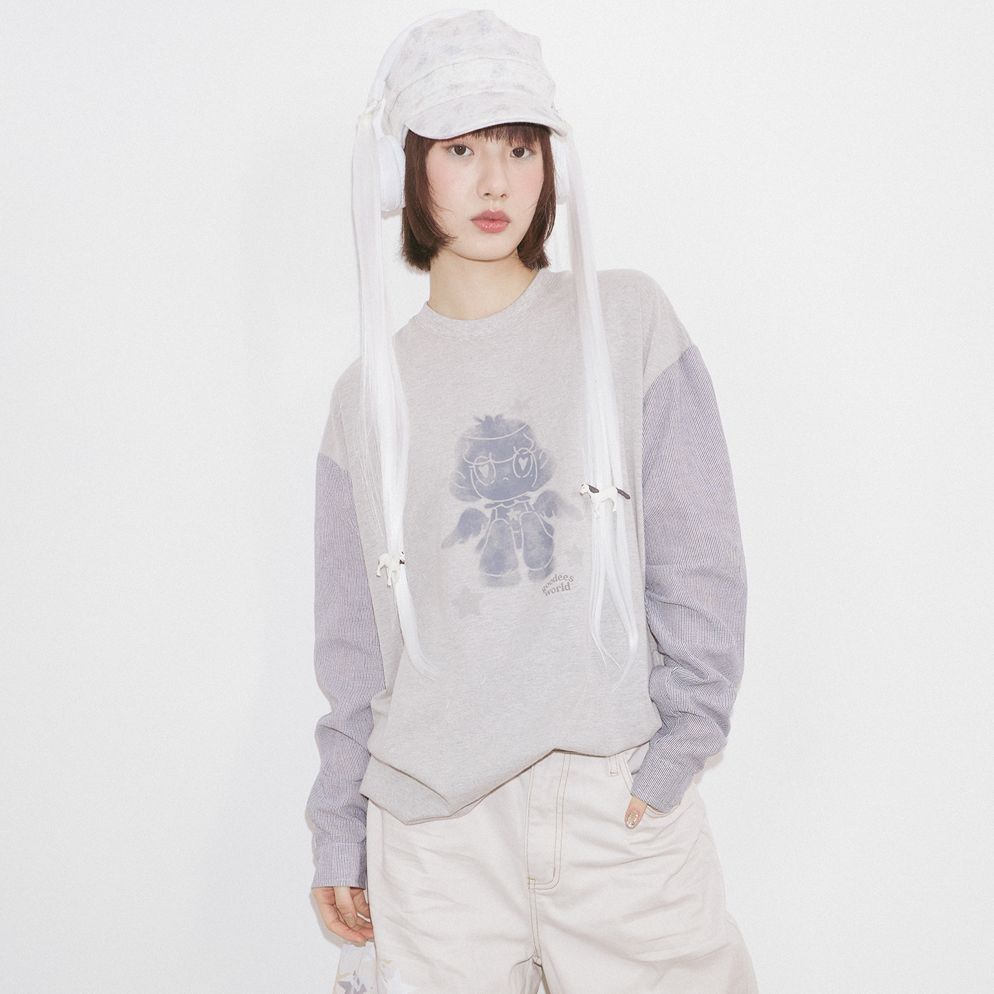 GOODBAI GOODEES新款个性宽松拼色印花长袖T恤