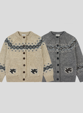 GOODBAI 白鸽飞行提花费尔岛花纹宽松圆领毛织开衫