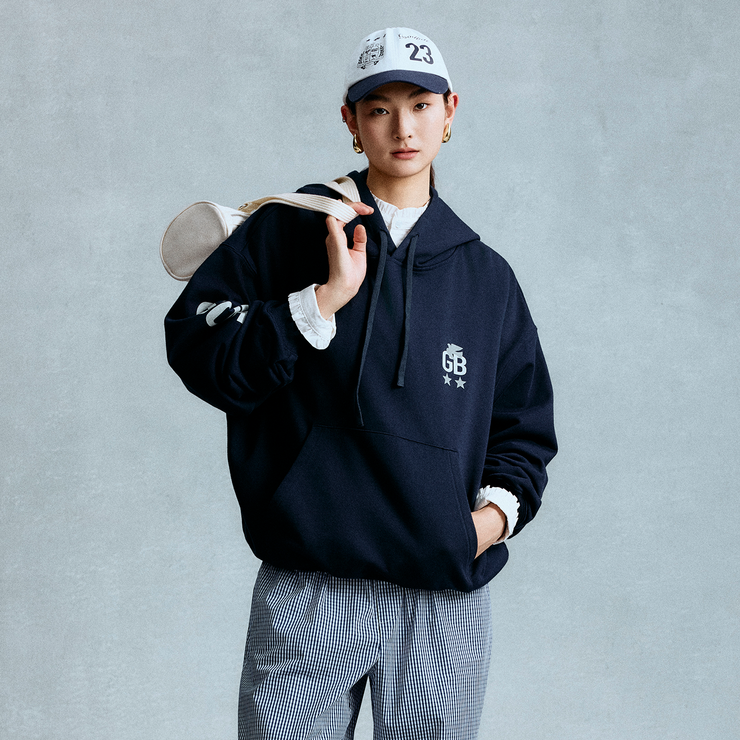 GOODBAI 学院组合logo印花撞色连帽抽绳宽松长袖卫衣