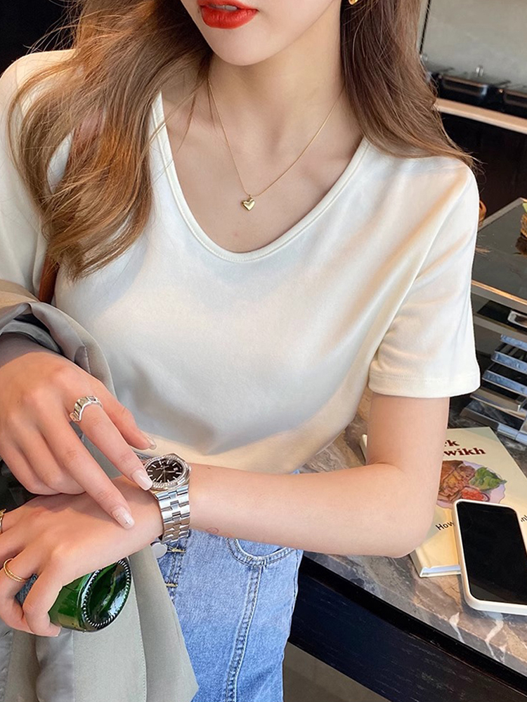 白色短袖t恤女装大v领显瘦设计感