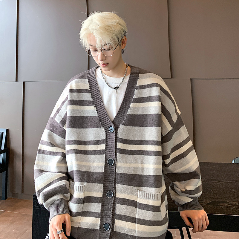 M801秋季新款条纹针织开衫外套男潮宽松慵懒风针织衫毛衣P65,男装针织衫/毛衣,电商A115