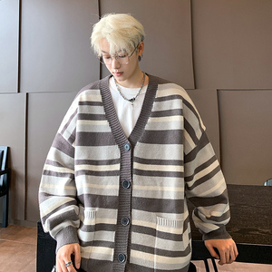 M801 秋季新款条纹针织开衫外套男潮宽松慵懒风针织衫毛衣 P65图片