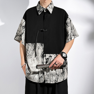 C666-特P35无差价 新中式风水墨纹拼接短袖衬衫男大码宽松衬衣，男装衬衫，电商A115