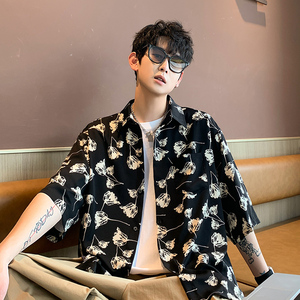 CS77 港风夏季碎花冰丝薄款短袖衬衫男宽松半袖玫瑰花衬衣 P40图片