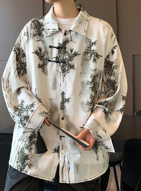 C805 秋季新中式盘扣水墨印花长袖衬衫男潮宽松大码国风衬衣 P45