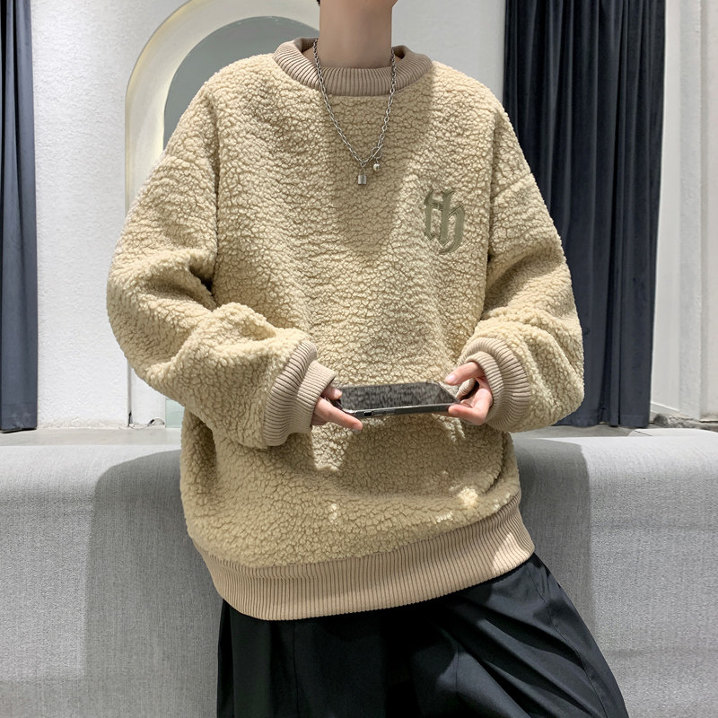 9006冬季新款加绒加厚羊羔毛卫衣男潮牌宽松保暖白色外套P75,男装卫衣,电商A115