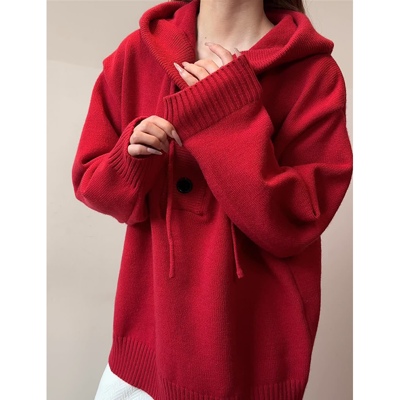 M001秋冬连帽红色针织衫毛衣男潮宽松慵懒风外套特P50无差价，男装针织衫/毛衣，电商A115