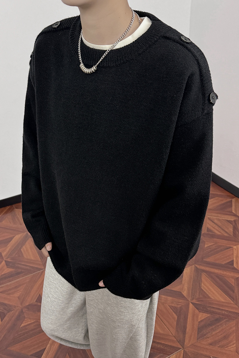 M680秋季新款纽扣设计黑色套头圆领毛衣男宽松线衣针织衫P60，男装针织衫/毛衣，电商A115