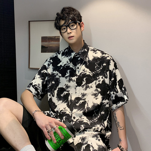 C215 新中式港风夏季冰丝垂感碎花短袖衬衫男潮宽松帅气休闲衬衣图片