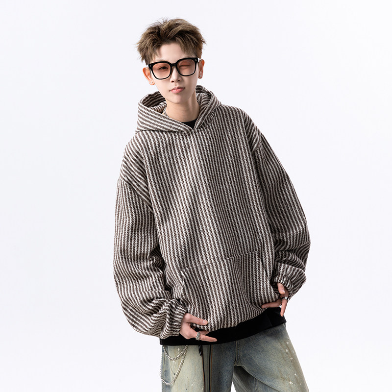 W160港风春季新款条纹连帽卫衣男潮大码宽松休闲外套P75,男装卫衣,电商A115